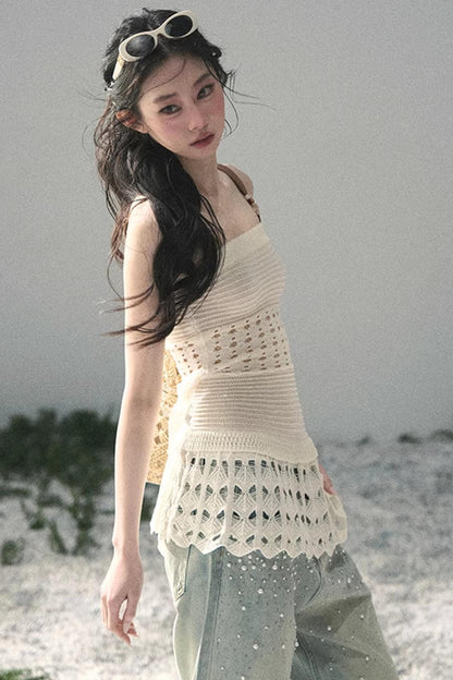 Französisches Strick-Hollow-Out-Unterhemd