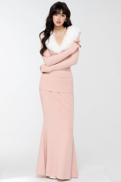 Velvet Peach Knit Sweater Set-Up