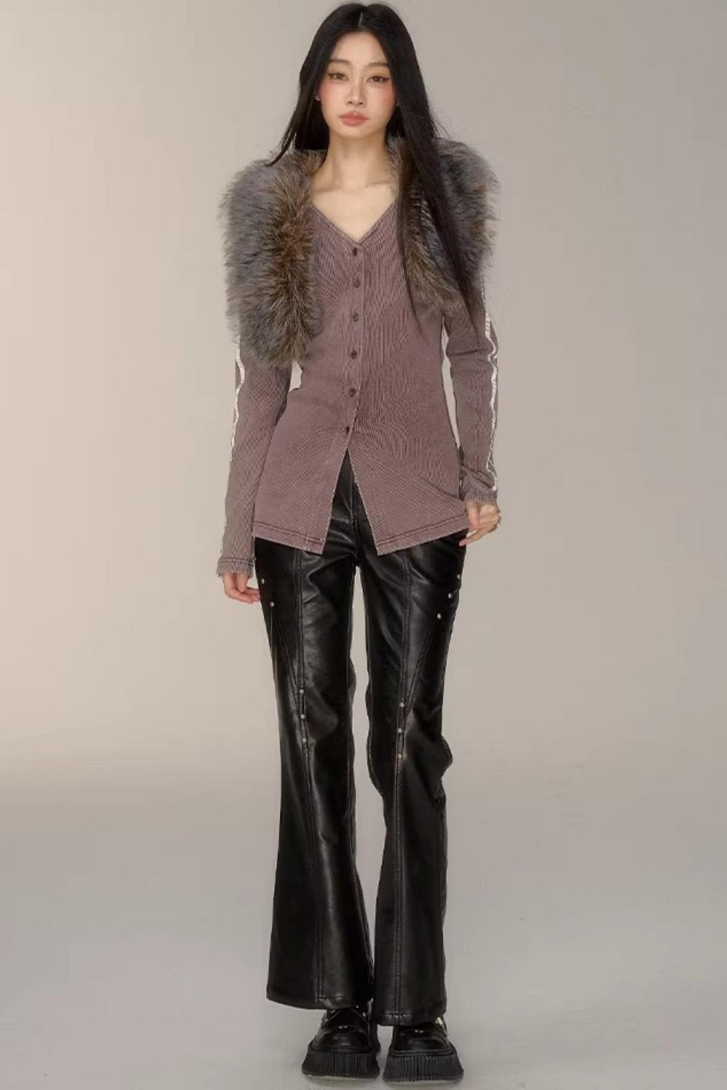 V-Neck Pinstripe Mid-Length Coat Set-Up