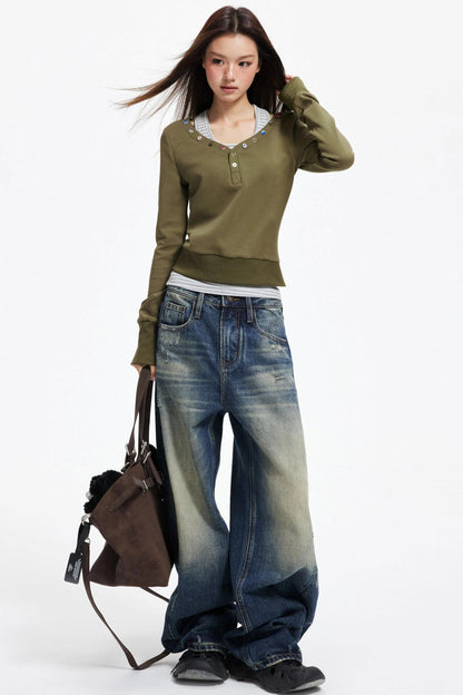 Big V-Neck Knitted Sweater Set-Up