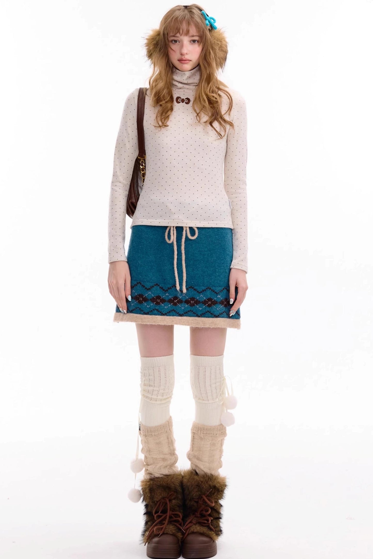 Retro Polka Dot High-Neck Long Sleeve T-Shirt