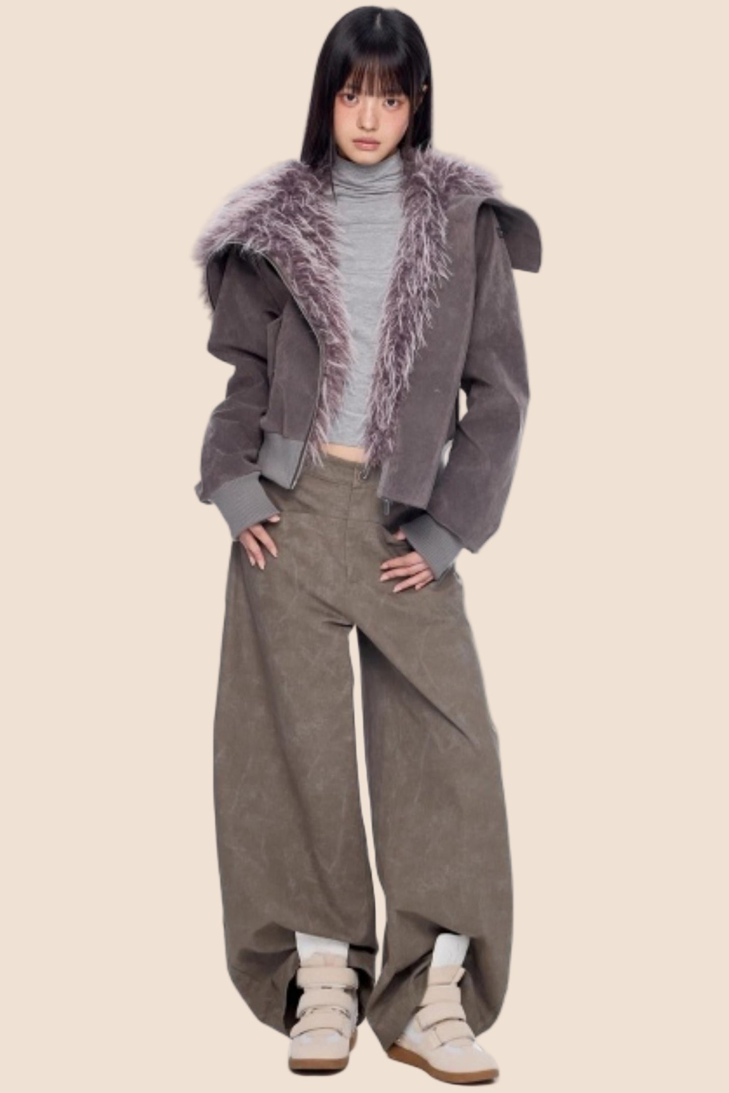 Faux Suede Fur Collar Coat