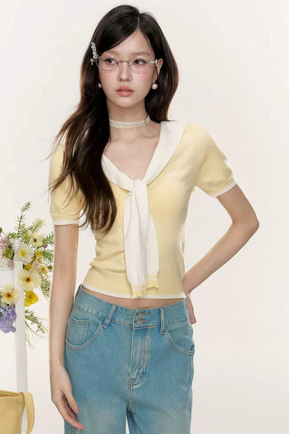 Sweet Sailor Collar Knit Top Set-Up