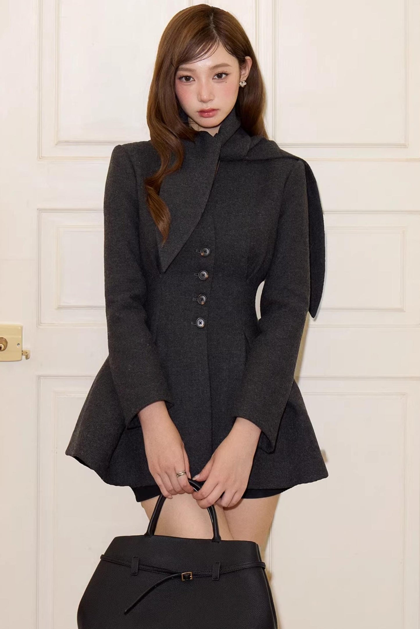 V-Neck Woolen Trench Coat Set
