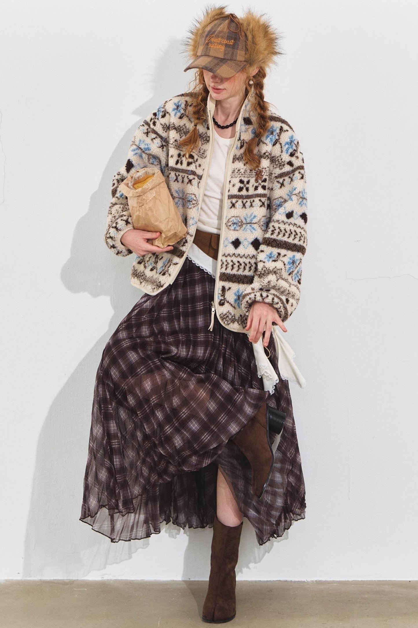 Fleece Jacquard Stand-Up Collar Coat