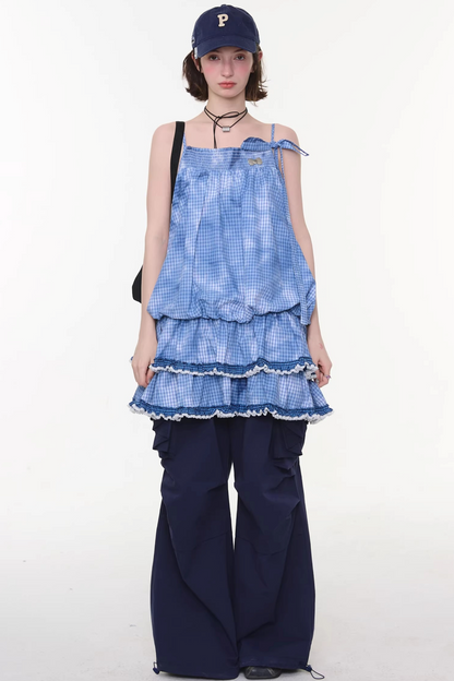 Summer Blue Plaid Lace Dress