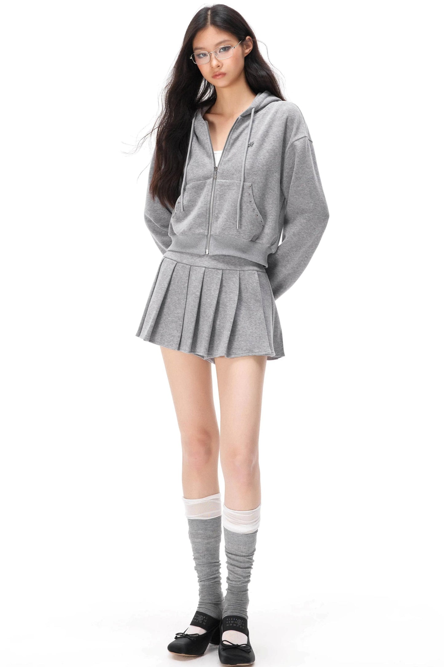 Pocket Studded Hooded Cardigan Set-Up