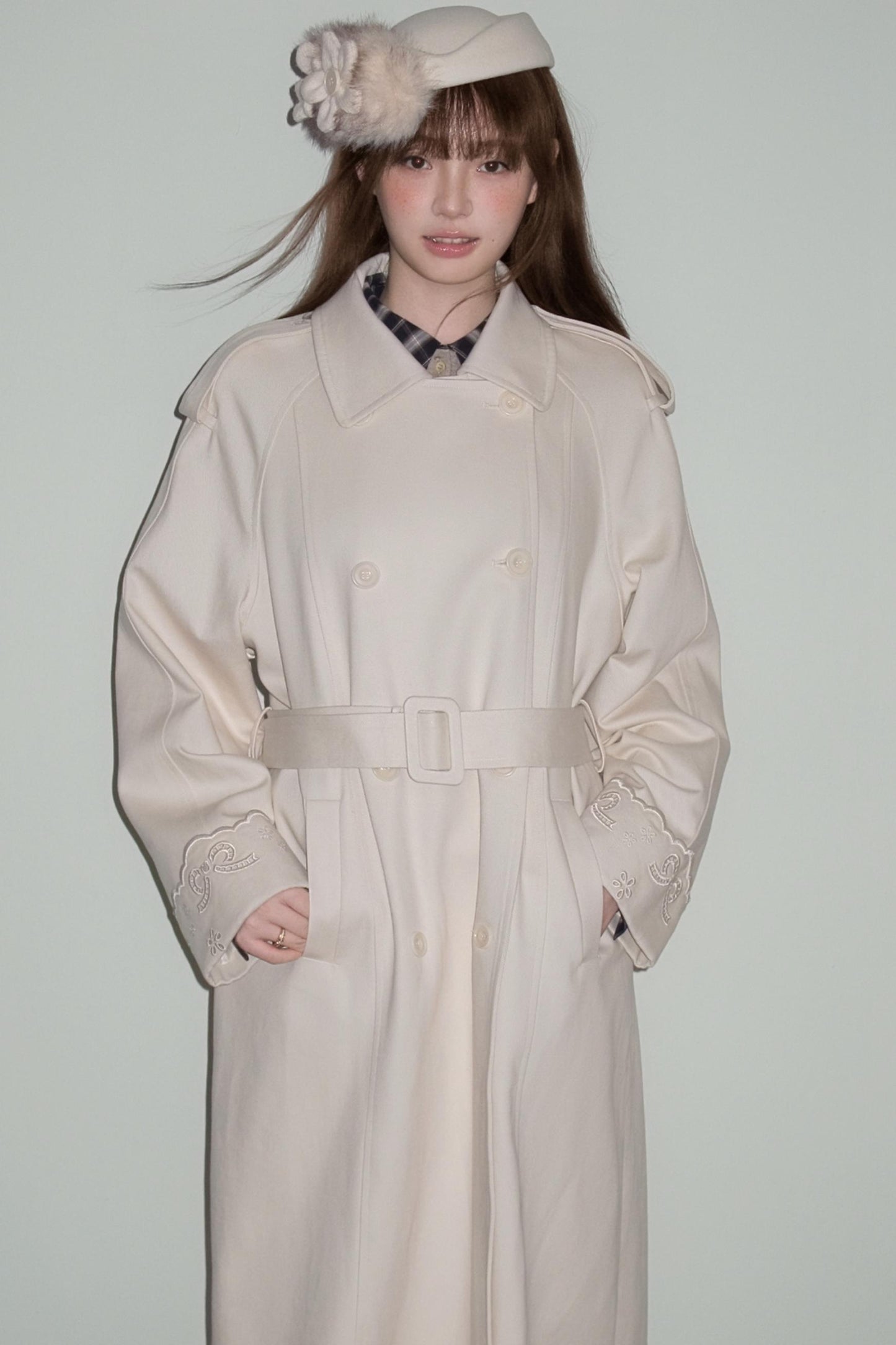Creamy Hollow Flower Trench Coat