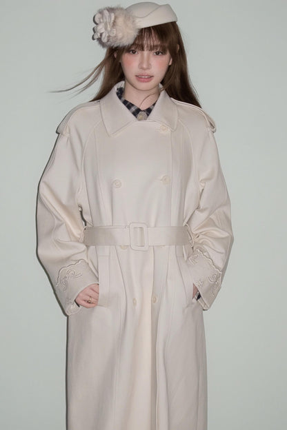 Creamy Hollow Flower Trench Coat