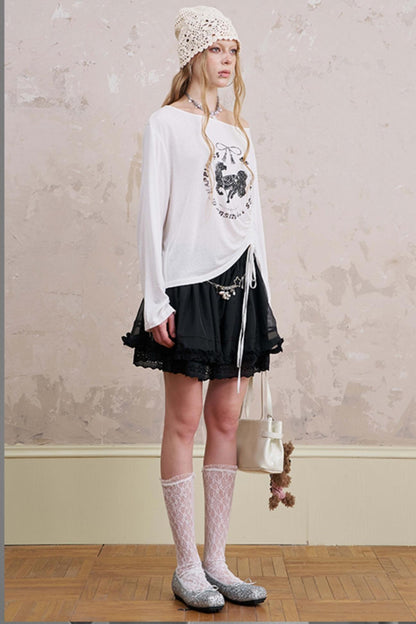 Slanted Monochrome Flower Ruffle T-Shirt