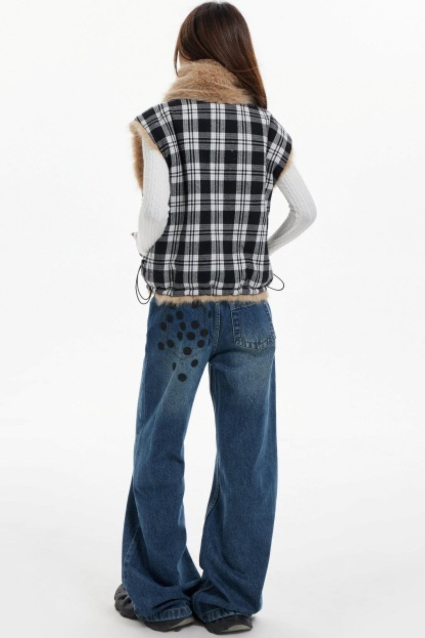 Plaid Lined Fur Vest Reversible Jacket