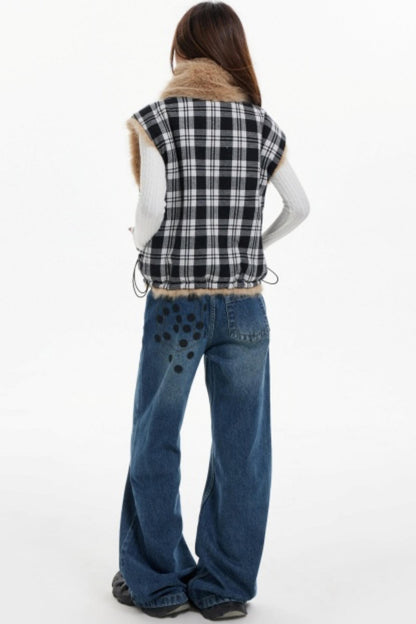 Plaid Lined Fur Vest Reversible Jacket