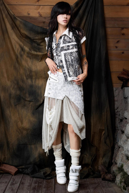 Vintage Patchwork Mesh Maxi Skirt