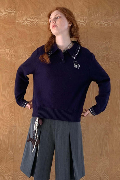 DIDDIMODA College Loving Kätzchen bestickt Polo Hals gestrickt Pullover Herbst Winter Girly Top