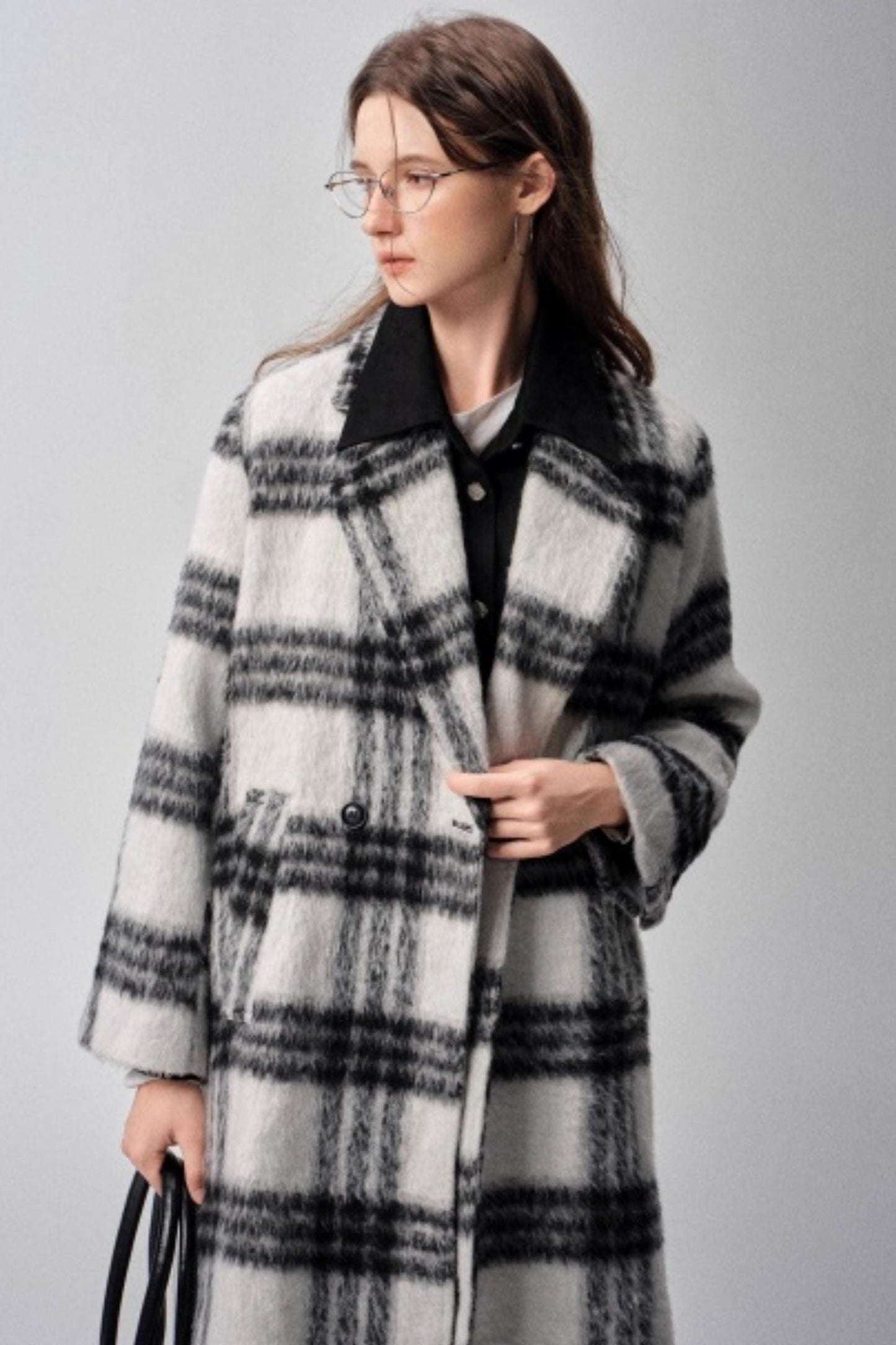 Black & White Plaid High-End Woolen Coat