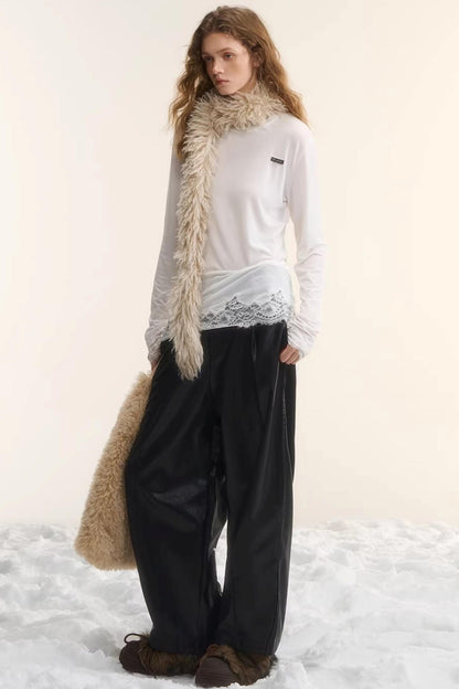 Elastic Waist Black Leather Pants