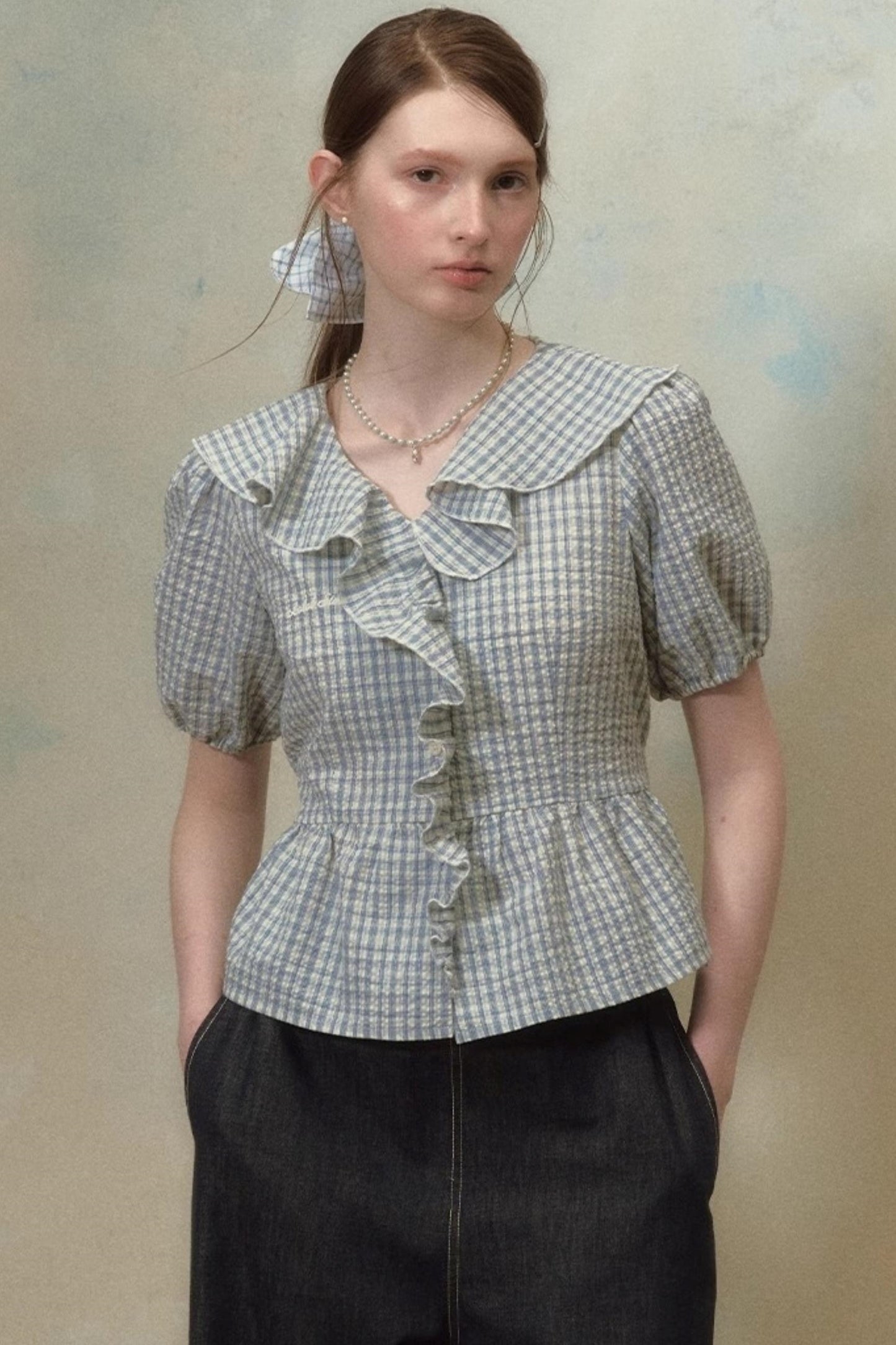 Plaid Ruffle Sleeve Blouse