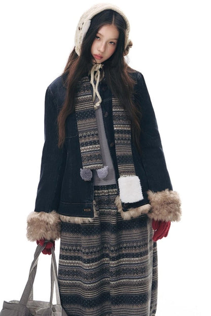 Detachable Fur Collar Denim Jacket Set-Up