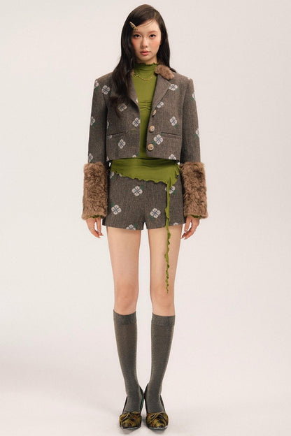 Retro Embroidery Tweed Fur Shorts Set-Up
