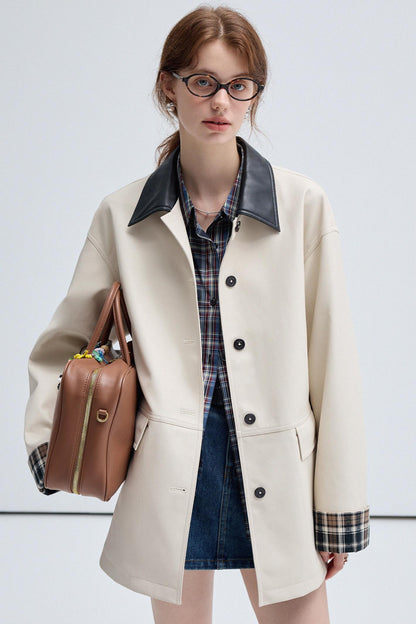 Check Contrast PU Leather Trench Coat