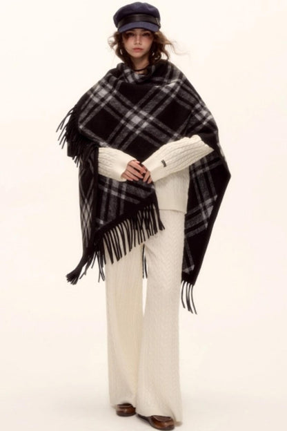 Retro Plaid Tassel Cape Shawl