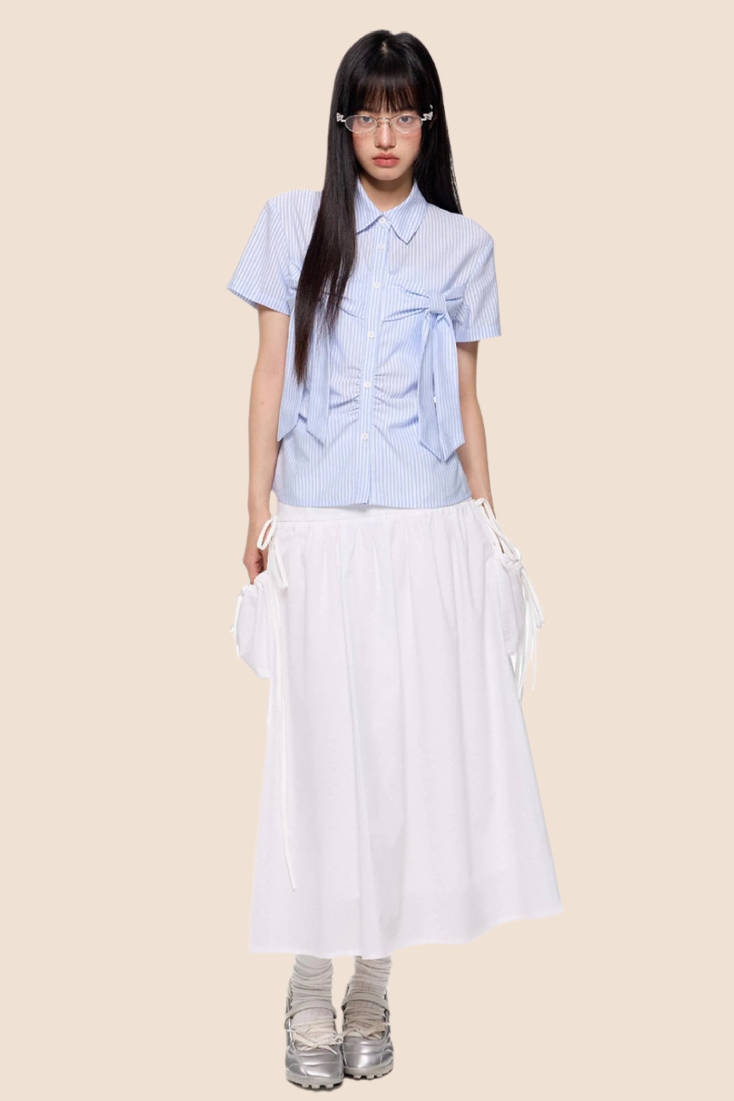 Light Blue Striped Bow Blouse