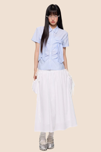 Light Blue Striped Bow Blouse