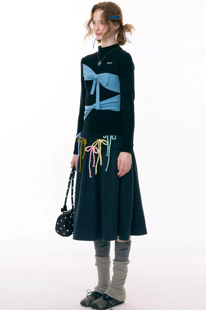 Retro Contrast Bow Knit Top