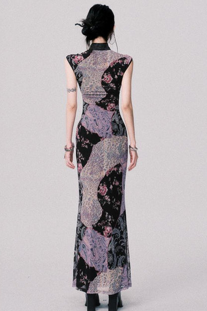 Smokey Purple Color-Block Cheongsam Dress