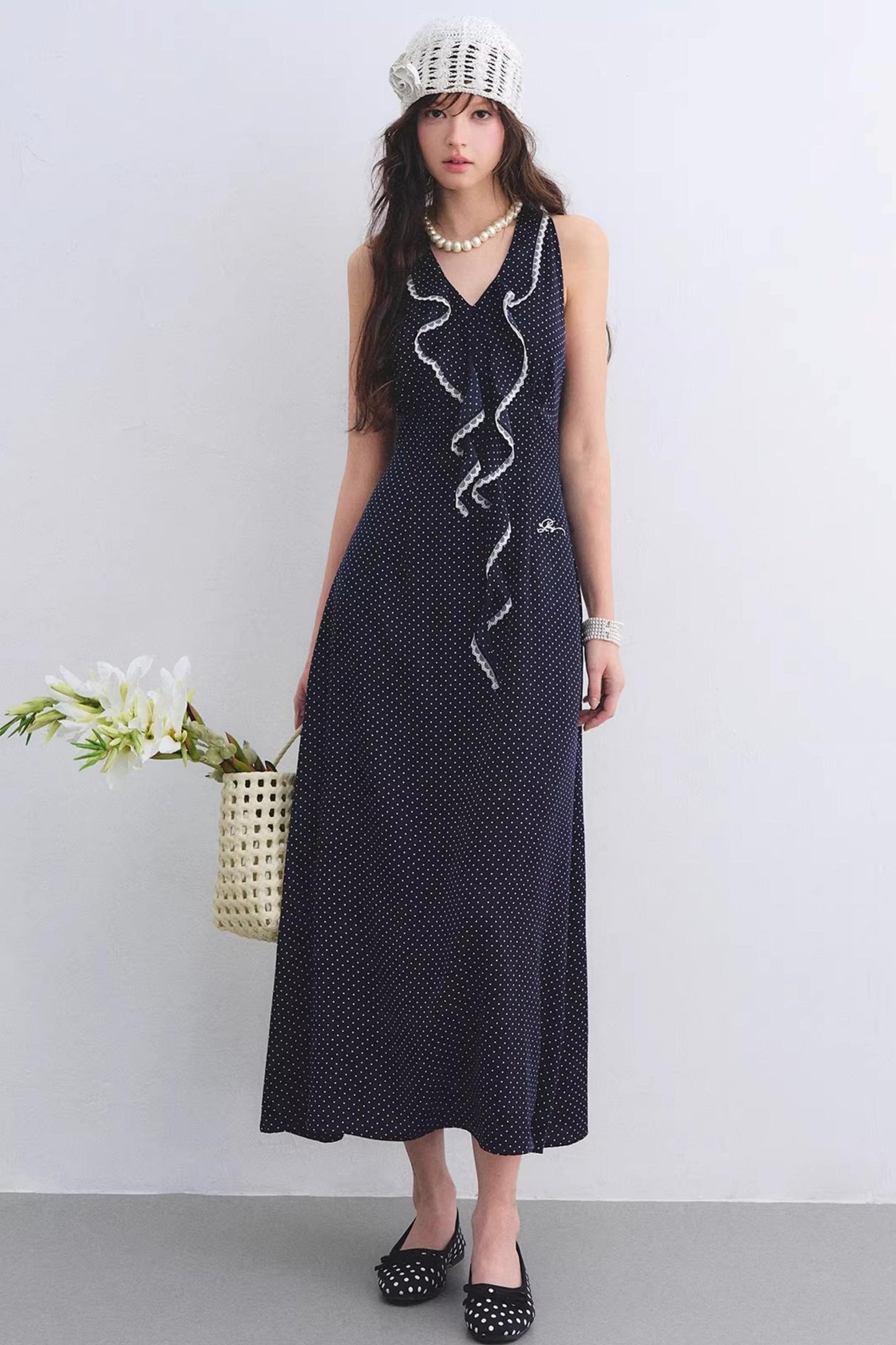 Marineblaues Rüschen-Spitzenkleid