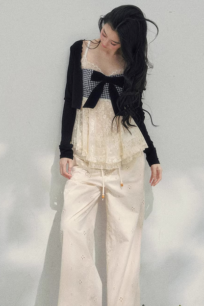 Bow Lace Plaid Top Set-Up