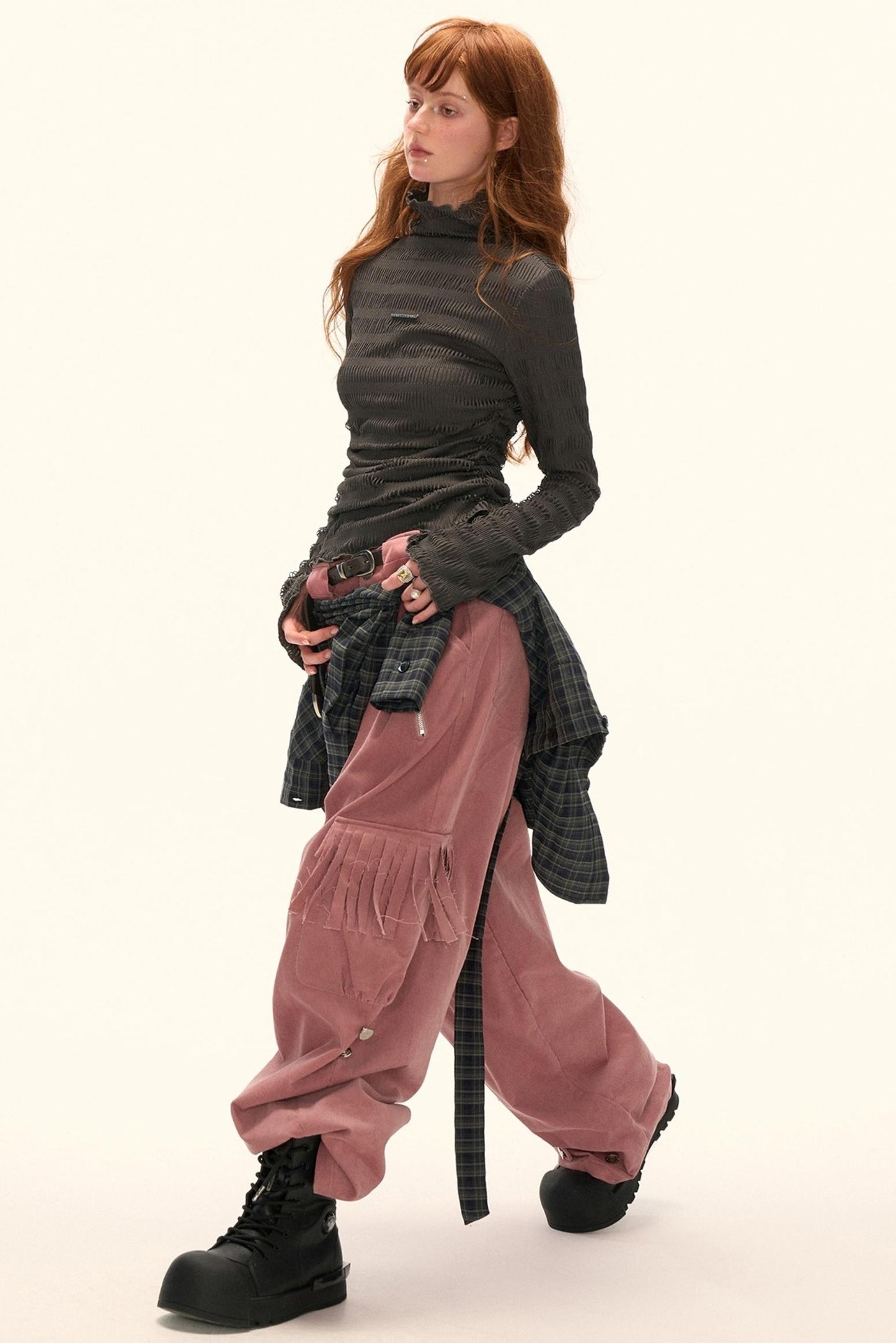 High-Neck Knitted Striped Slimming Shirt