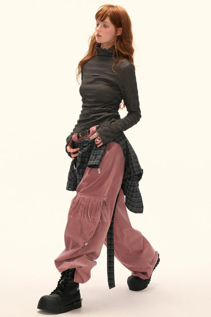 High-Neck Knitted Striped Slimming Shirt