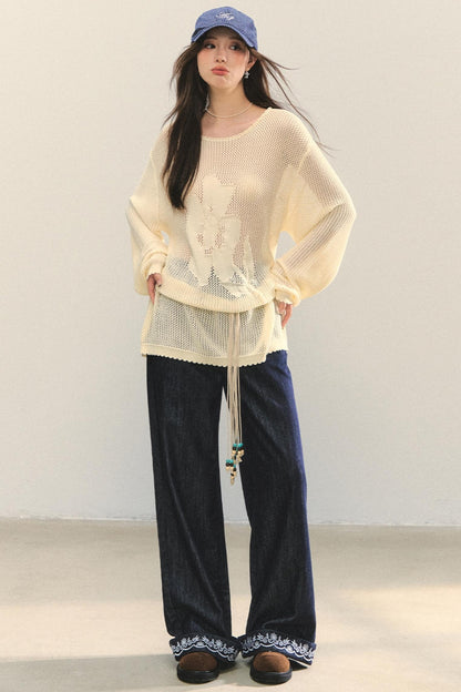 Embroidered Straight-Leg Pants