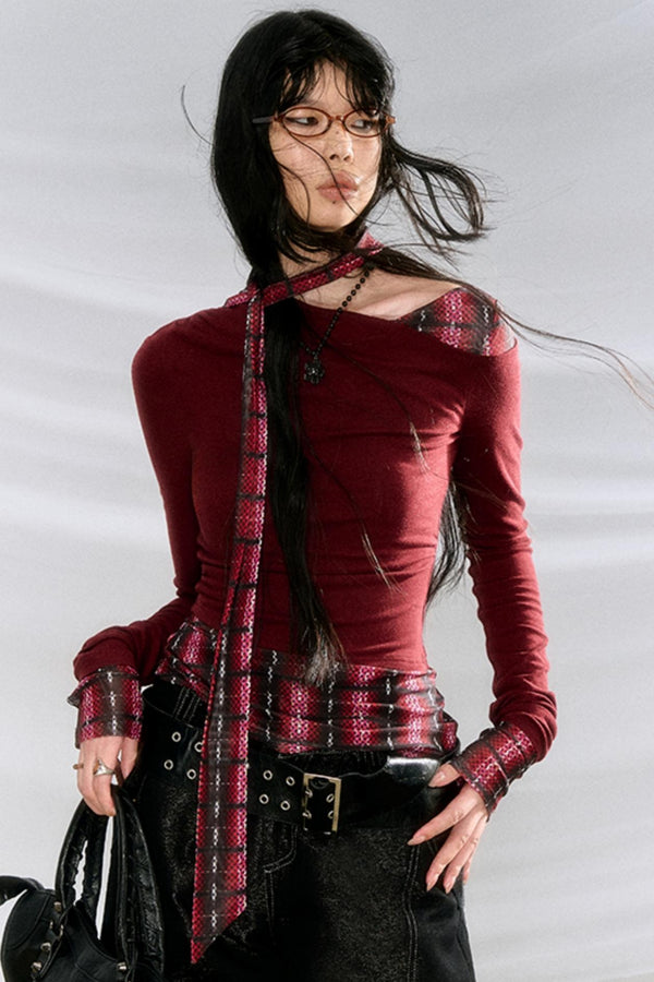 프린트 경사진 어깨 울 니트 탑 