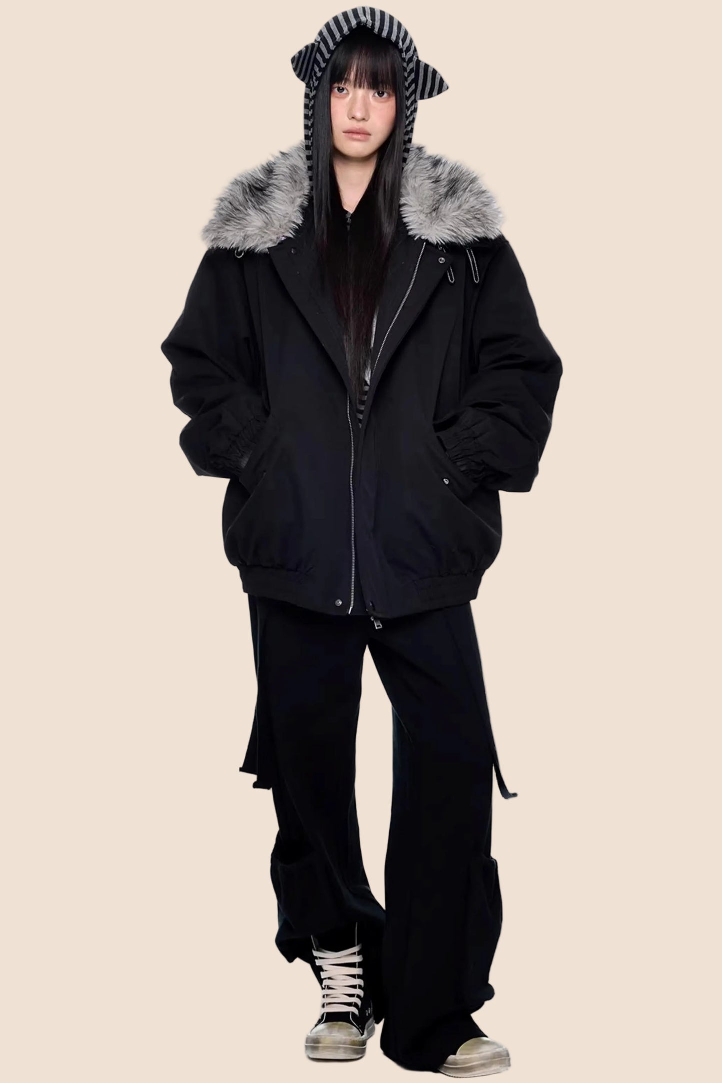 Large Fur Collar Parka Coat