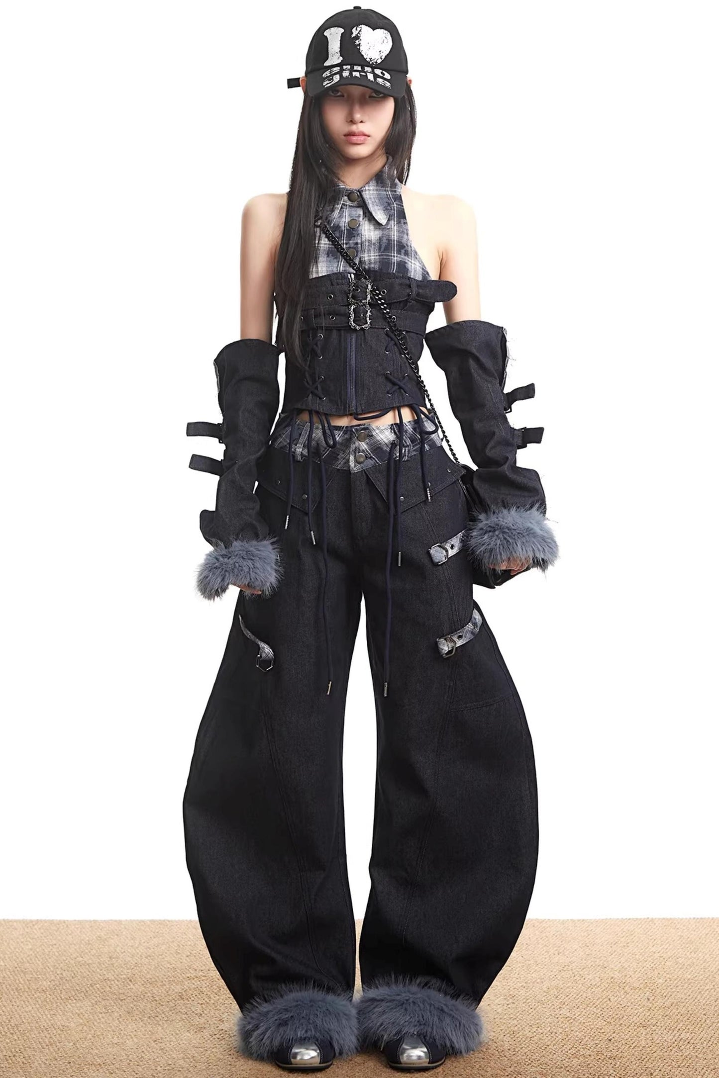 Plaid Patchwork Denim Set-Up