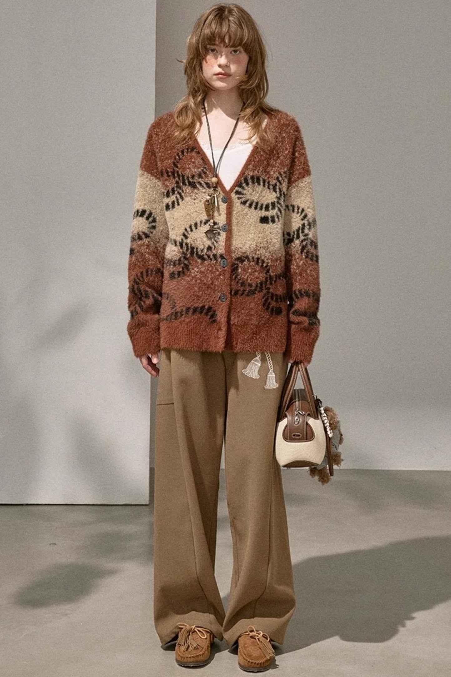 Bow Gradient V-Neck Knitted Cardigan