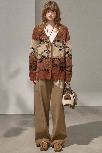 Bow Gradient V-Neck Knitted Cardigan