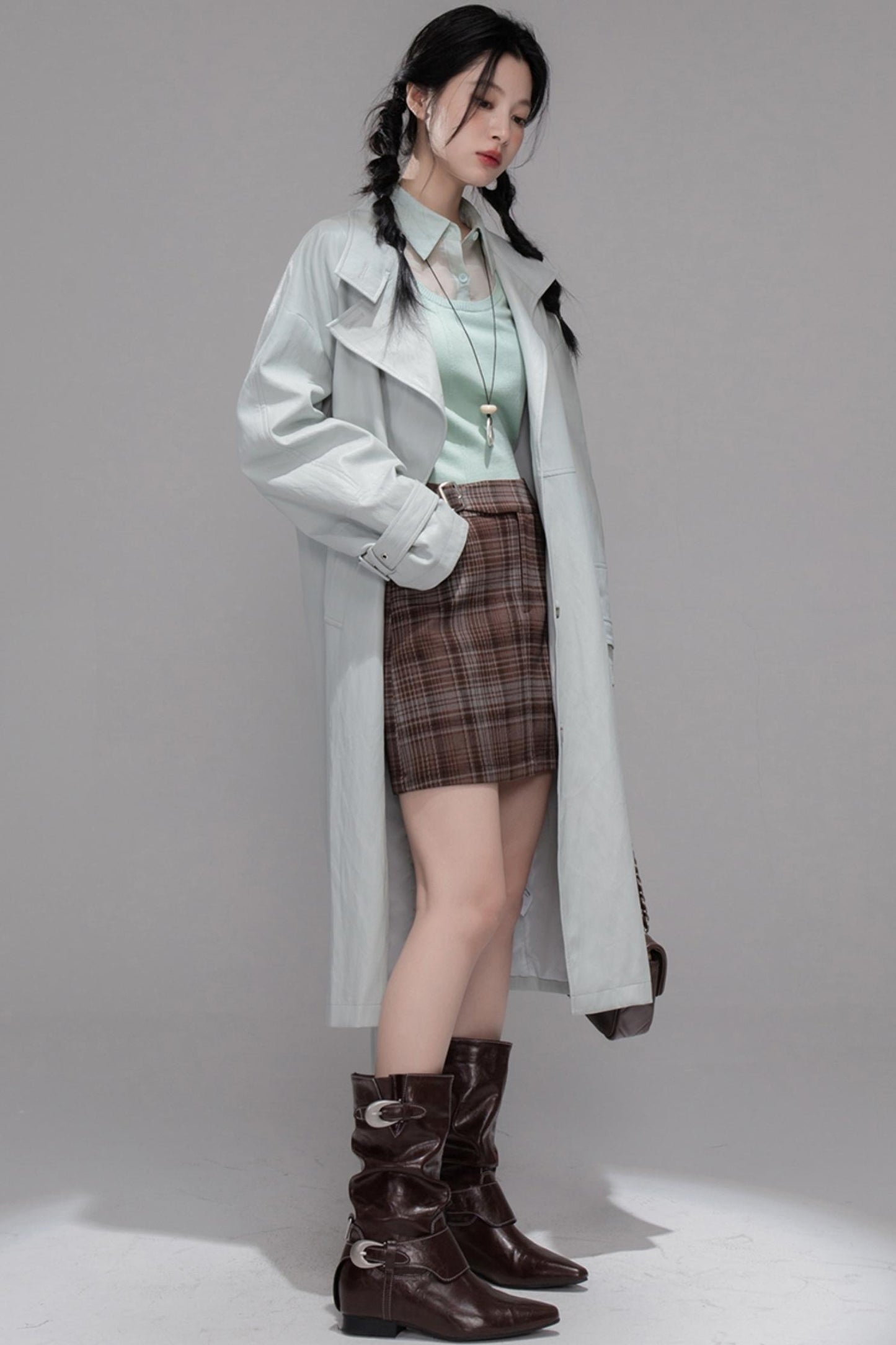 First Gray Leather Trench Coat