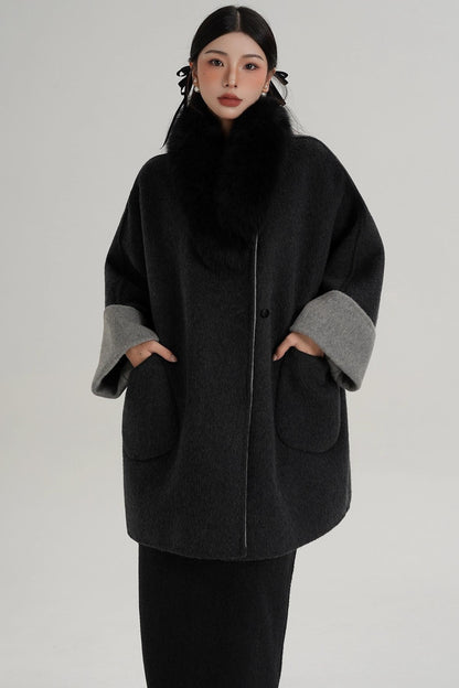Elegant Fox Fur Collar Wool Cape Coat