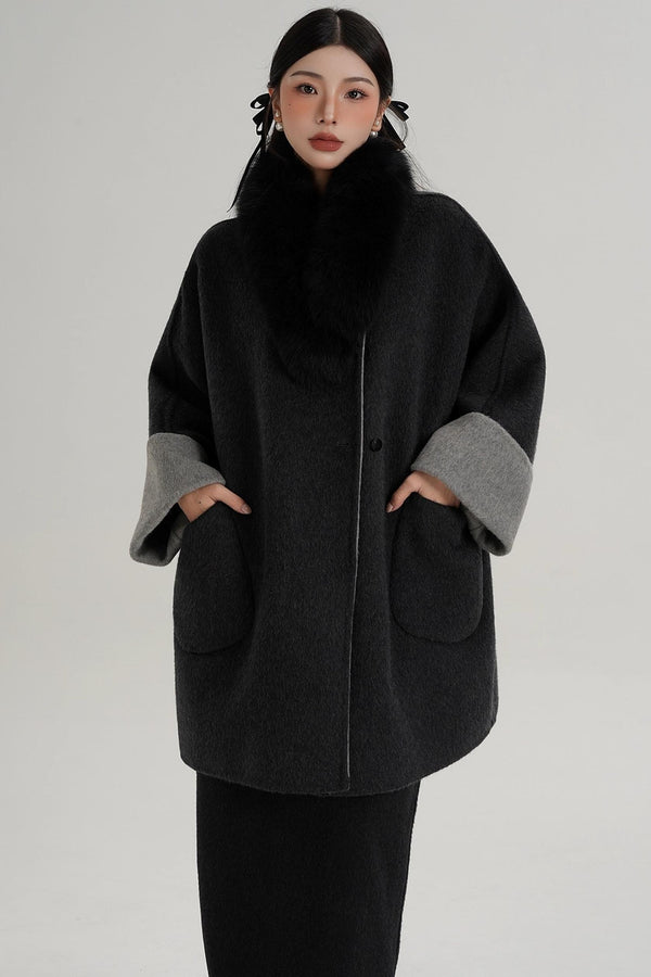 Elegant Fox Fur Collar Wool Cape Coat