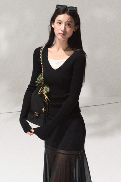 Skin Lace Wool Knit Sleeve Sweater Top