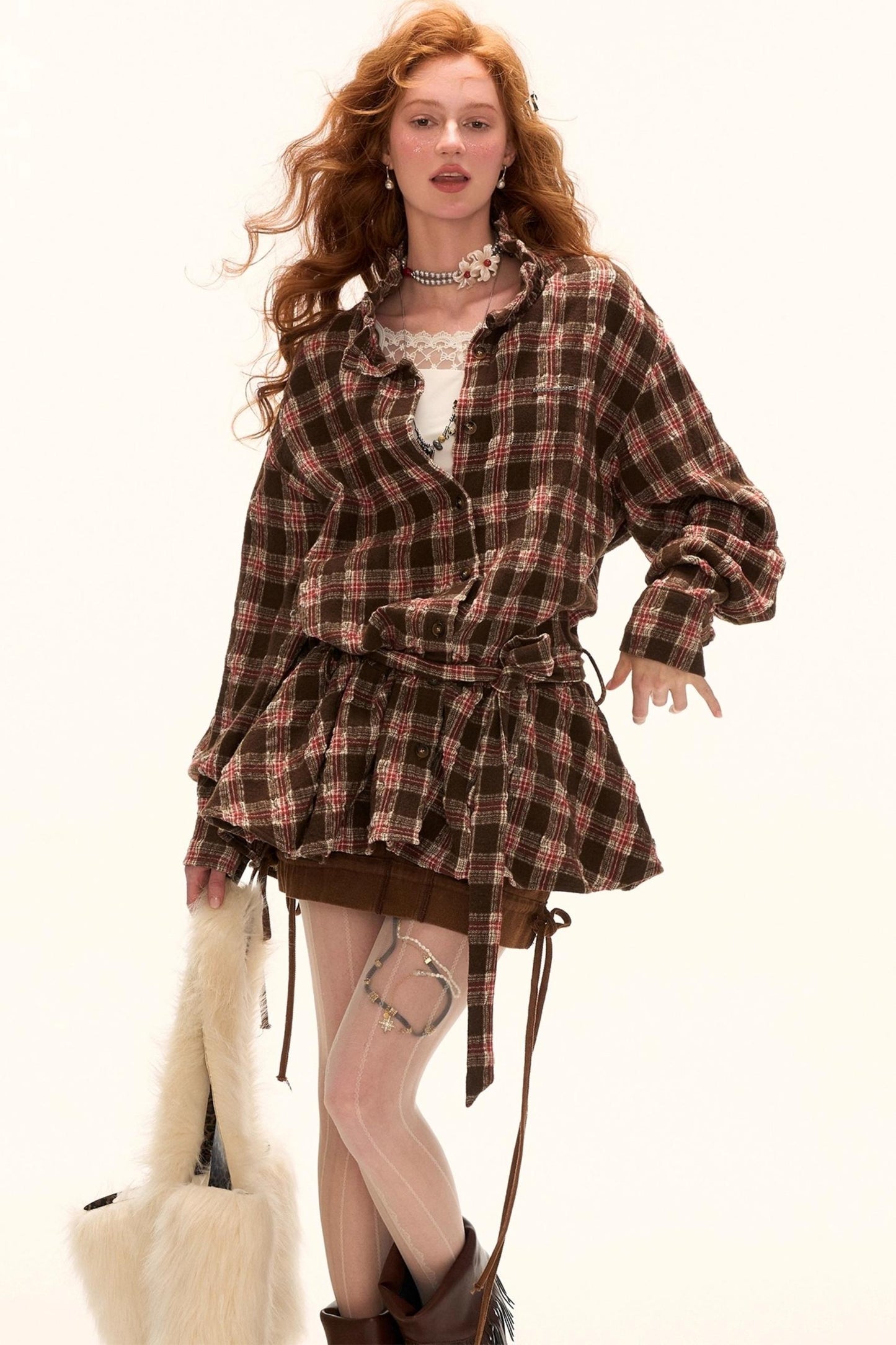 Bow Plaid Shirt Dress