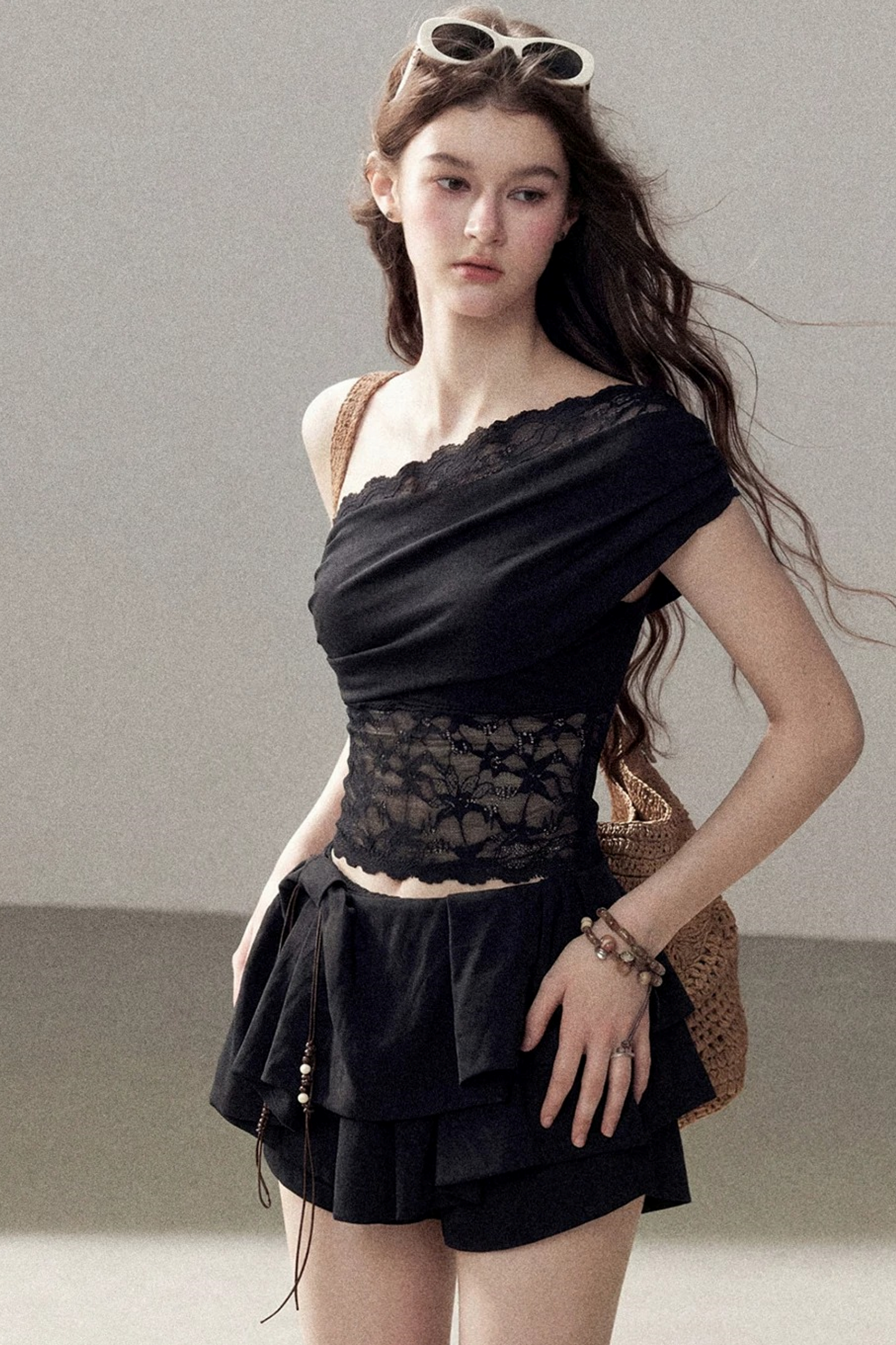 Lace Asymmetrical Shoulder Top