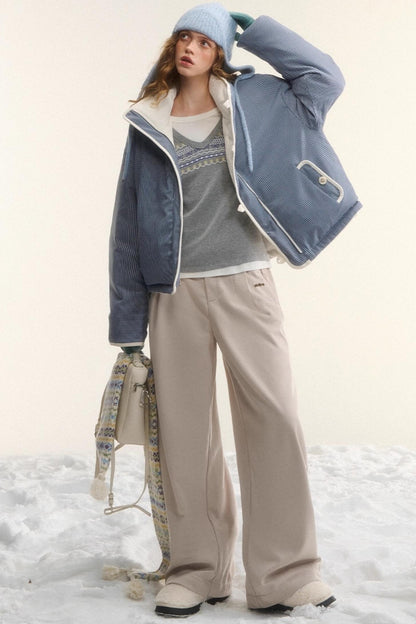 Plaid Fleece-Lined Wide-Leg Pants