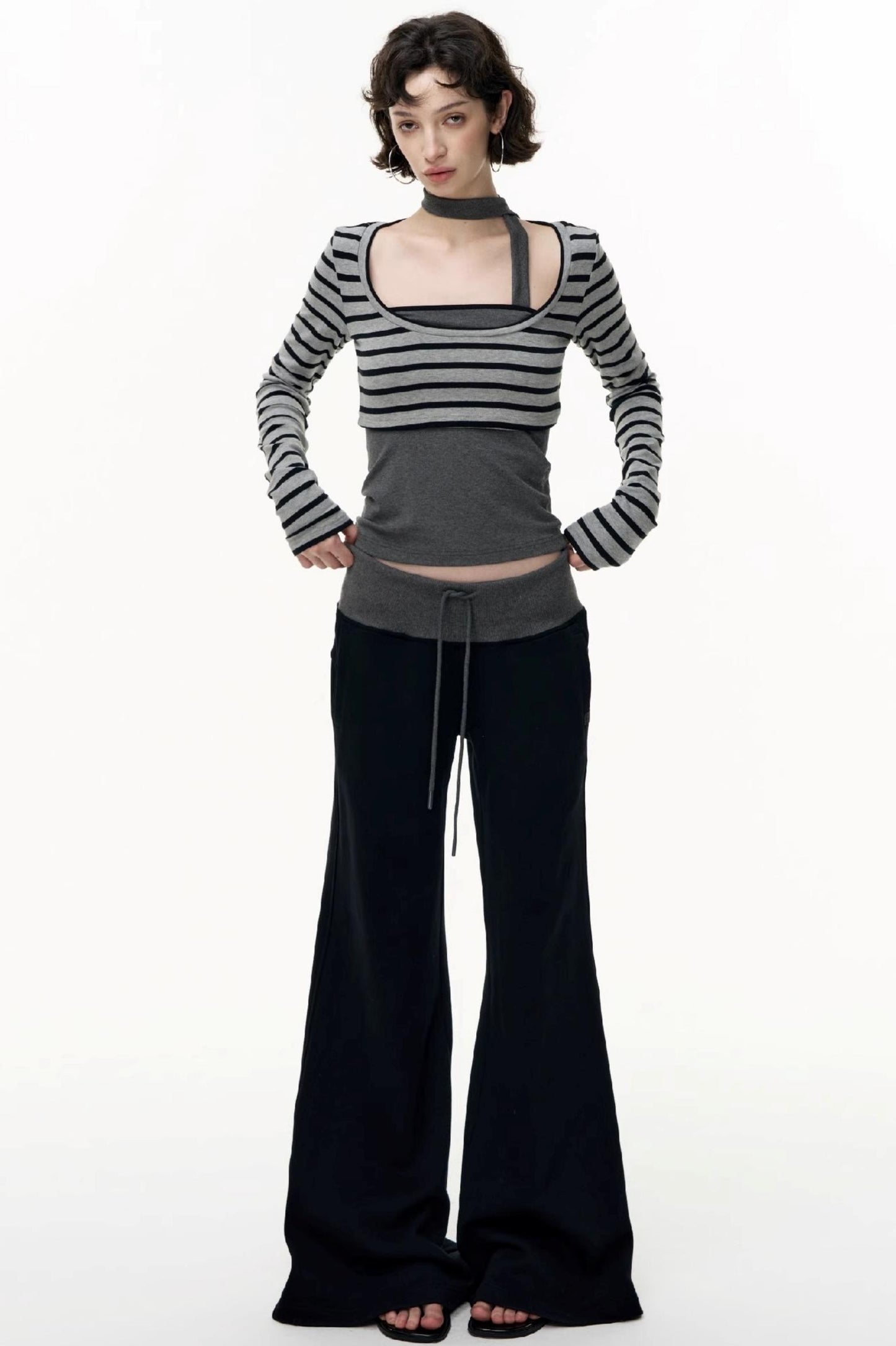 Drawstring Cotton Flared Sweatshirt Slacks