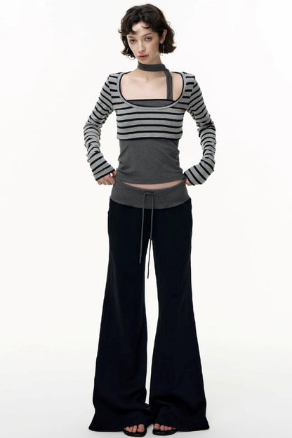 Drawstring Cotton Flared Sweatshirt Slacks