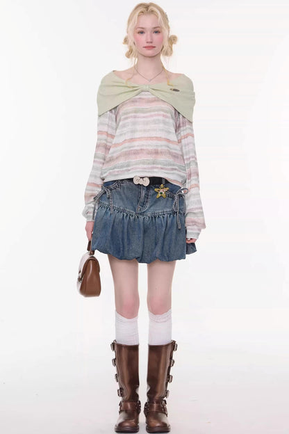 Sweet Bubble Bowknot Denim Skirt