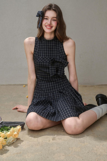 Elegant Bow Halterneck Check Pleated Dress